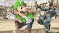 Snake getting hit by Luigi’s neutral attack on the stage.