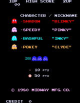 Pac-Man&#39;s North American title screen, giving names to all the ghosts.