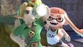 Inkling Girl watching Young Link drink Lon Lon Milk on Temple.
