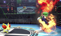 Fennekin using a fire attack on Luigi.