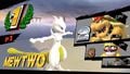 Mewtwo and Ganondorf's bind poses in Super Smash Bros. for Wii U, shown via a glitch. Note the aura around Mewtwo's body.