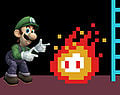 Luigi pointing at a Trouble Bug.