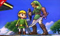 A pre-release picture of Toon Link using his side taunt in Super Smash Bros. for Nintendo 3DS alongside Link.