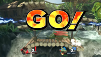 The announcer giving the "GO!" signal to officially begin the match between Snake and King K. Rool at Kongo Falls in Super Smash Bros. Ultimate.