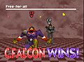 The victory screen in the original Super Smash Bros., after a purple (blue) Captain Falcon defeats a black Captain Falcon.
