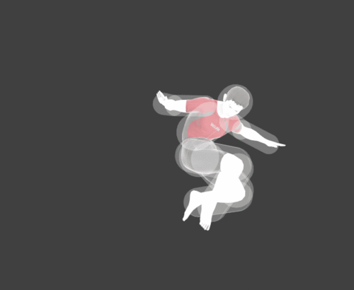 Hitbox visualization of Wii Fit Trainer's Back aerial.