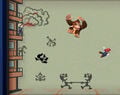 Mr. Game & Watch, Donkey Kong, and Mario getting bounced by the tarp in Flat Zone 2.