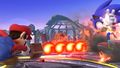 Mario attacks Sonic with the fire bar.