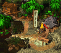 The Kongo Jungle area, featuring Cranky's cabin, in the first Donkey Kong Country.