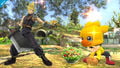 Cloud with a Mii Fighter wearing the Chocobo hat.