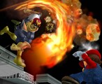Captain Falcon attacking Mario on Pokemon Stadium.