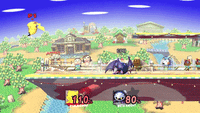 An example of a stage jump being performed during a match, showing Pikachu going under Smashville.