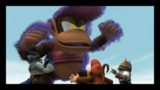 Fox, Falco and Diddy Kong looking up at the False Diddy Kong.