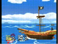 An example of water stalling on the Pirate Ship stage using Pikachu's Quick Attack.