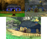 A comparison between Banjo's house across its appearances. Clockwise from top left: Banjo-Kazooie, Banjo-Kazooie: Nuts &amp; Bolts, and Super Smash Bros. Ultimate.