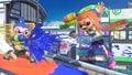 Male and female Inkling on Moray Towers using blue and orange ink respectively.