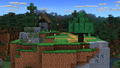 A boulder and a spruce tree made of blocks in Minecraft World (Taiga)